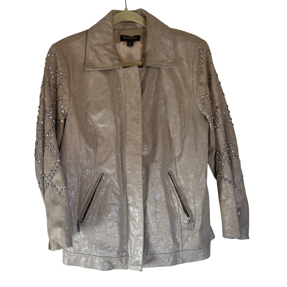 Bradley Bayou Women's Shimmering Beige Silver Studded Leather Jacket Size Medium - Picture 9 of 11